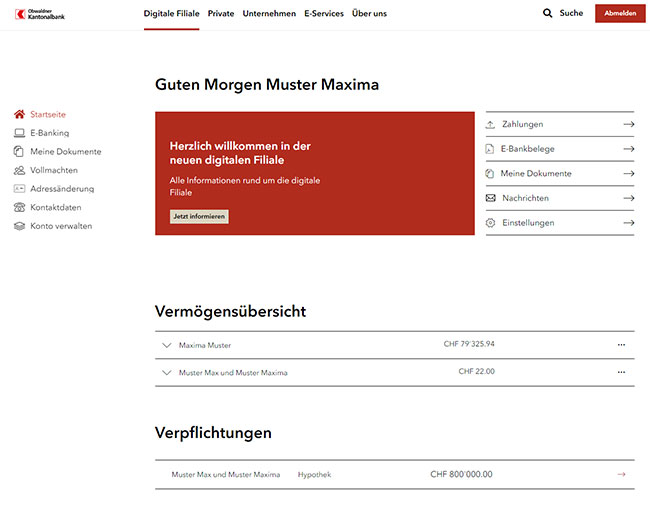 Startseite der digitalen Filiale