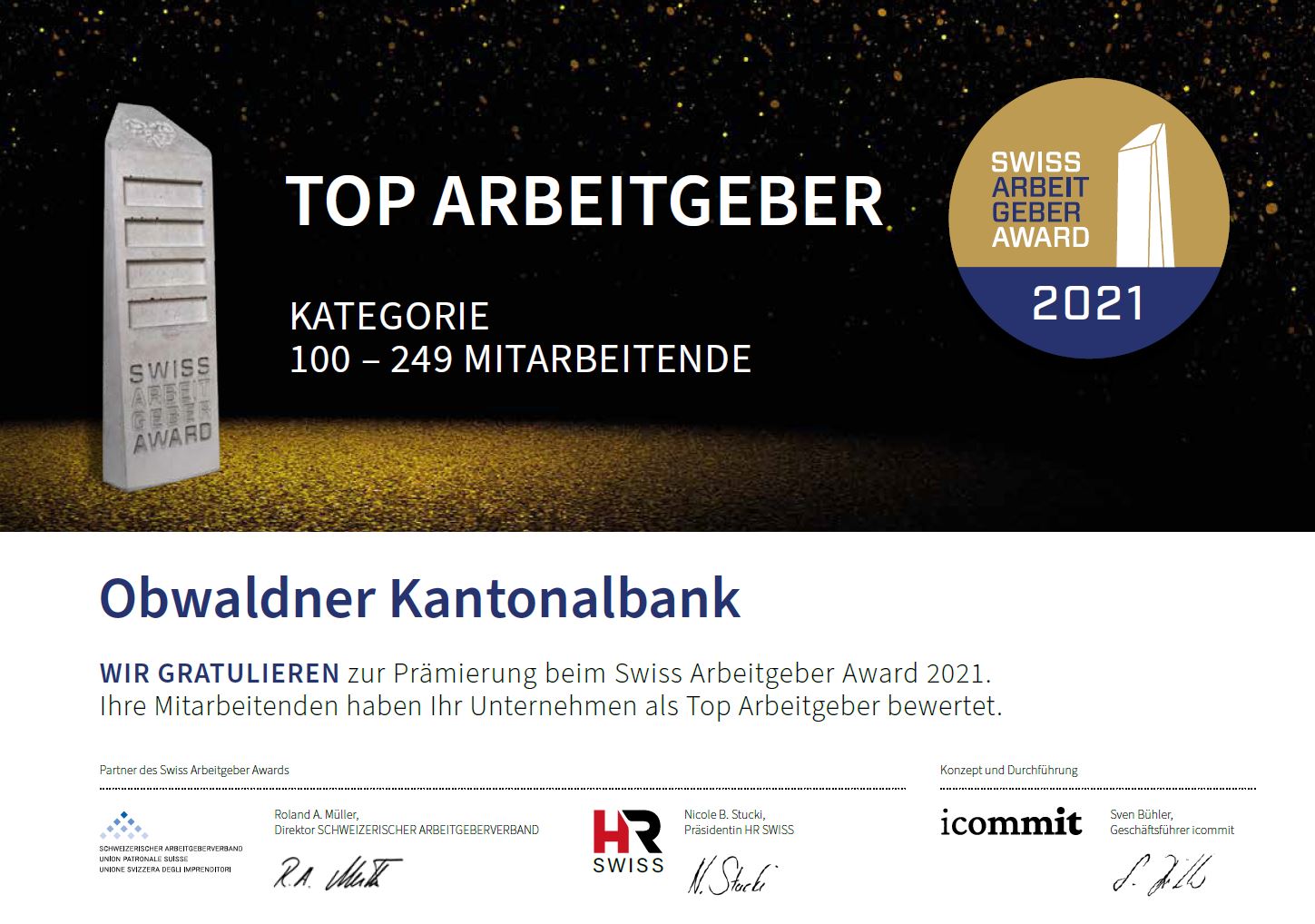 Zertifikat OKB Swiss Arbeitgeber Award 2021alisierung